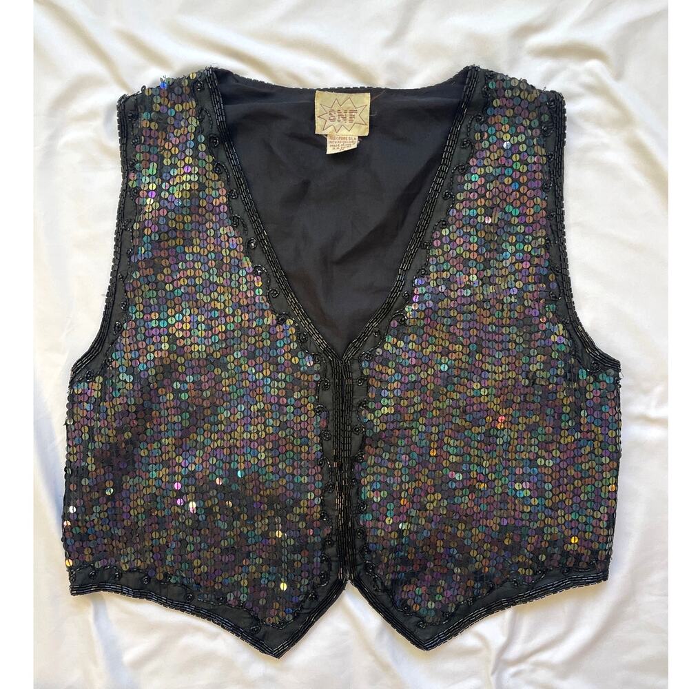 Vintage Crop Sequin Beaded  Sparkly Silk Vest SNF Medium 80s Iridescent Glam